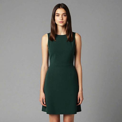 Elegant Woman in Dark Green Sleeveless Dress Studio Portrait