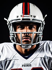 Close-Up Headshot of Man in American Football Uniform with White Helmet