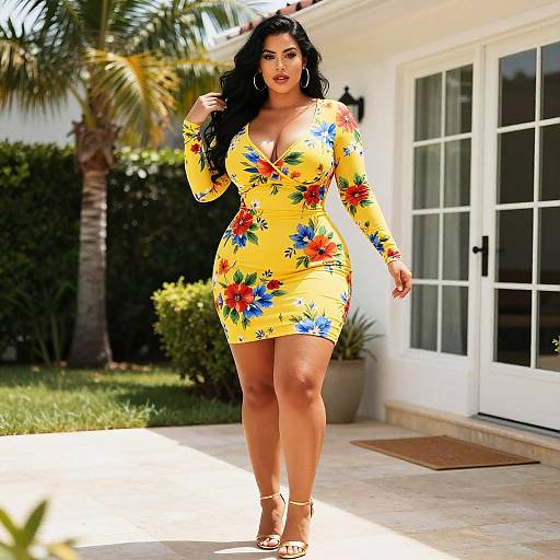 Woman in Yellow Floral Bodycon Dress Outside Home