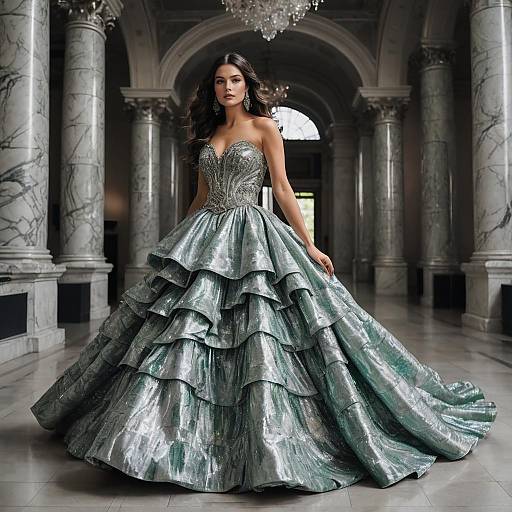 Elegant Woman in Layered Silvery-Blue Ball Gown in Marble Hall