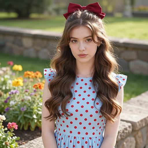 Young Woman in Blue Polka Dot Dress with Red Bow in Garden