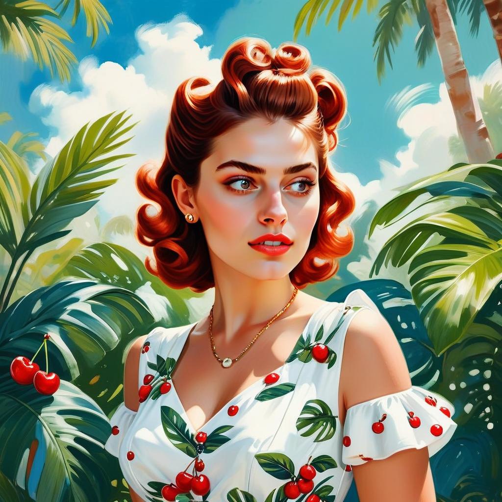Vintage Red-Haired Woman in Cherry Dress