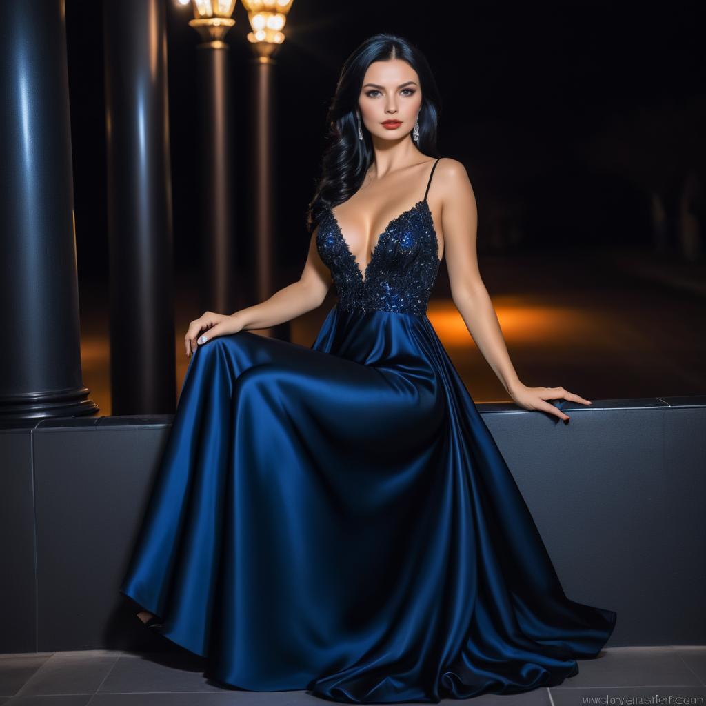 Elegant Woman in Deep Blue Evening Gown