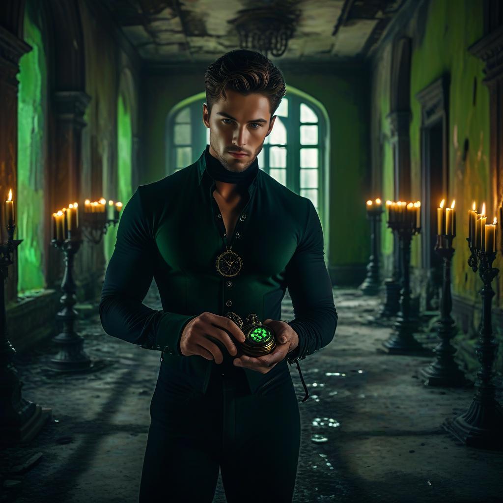 Mysterious Man Holding Glowing Compass in Gothic Abandoned Corridor
