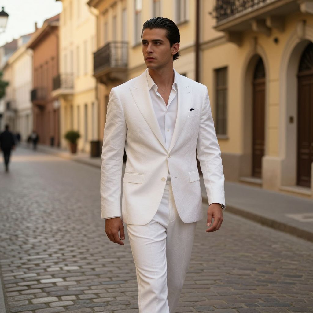Stylish Man in White Suit Walking on Cobblestone Street