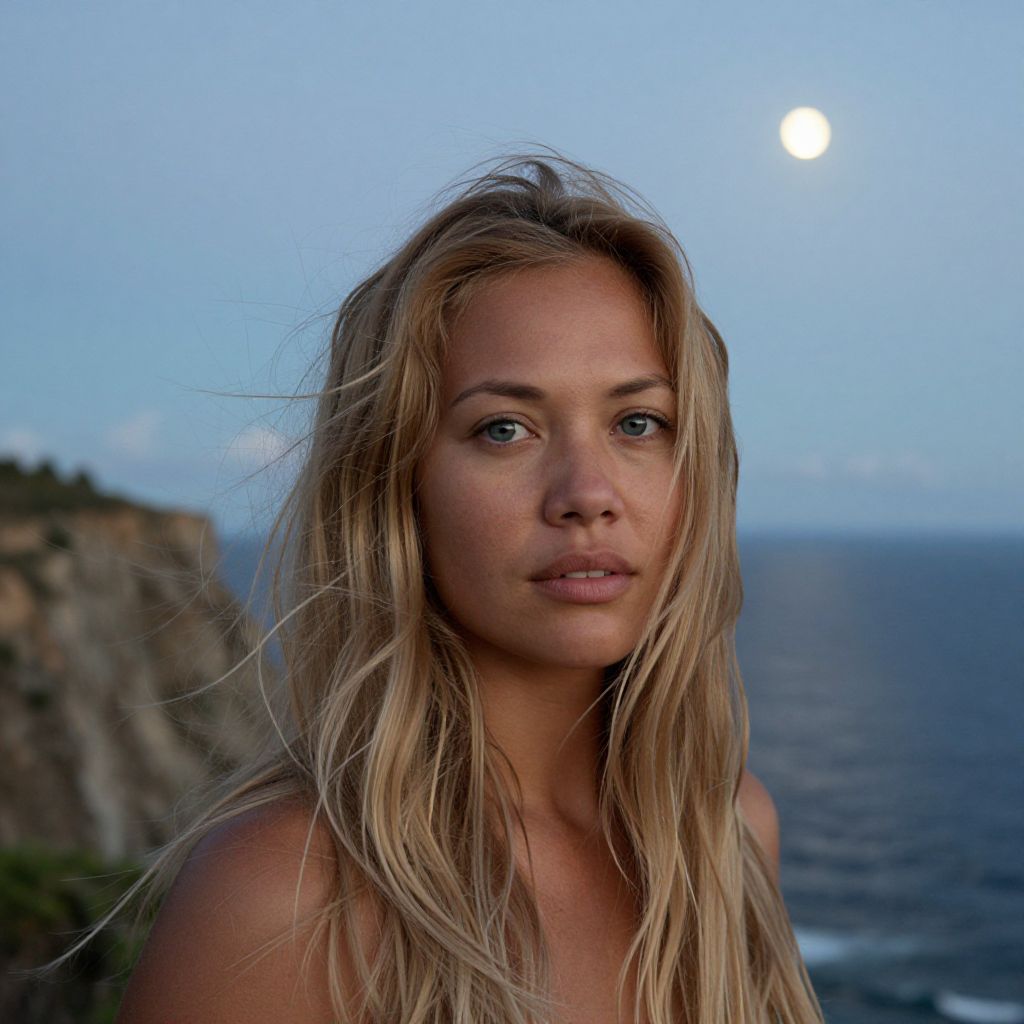Blonde Woman by Ocean Cliff with Full Moon at Dusk
