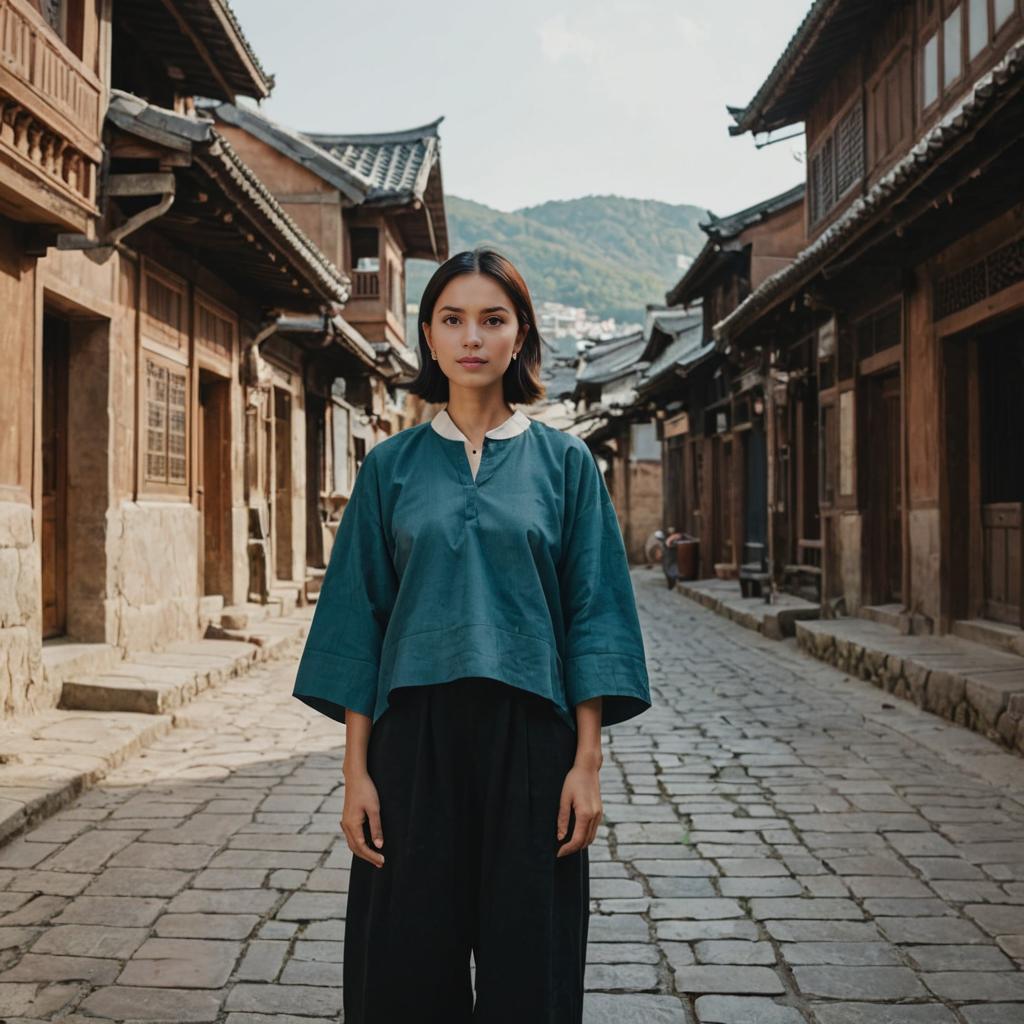 Woman in Traditional Attire Amidst Cultural Heritage