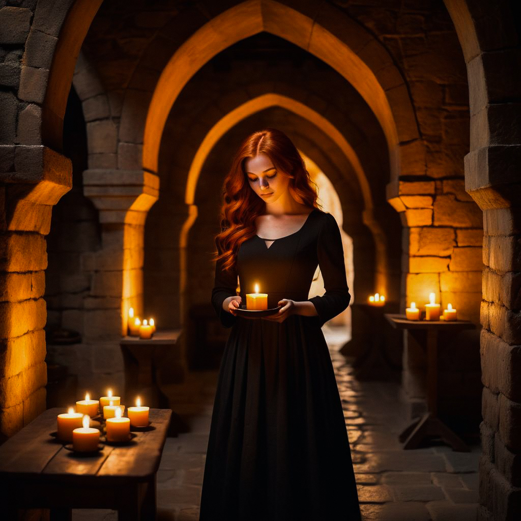 Red-haired Woman in Black Dress with Candle in Stone Corridor