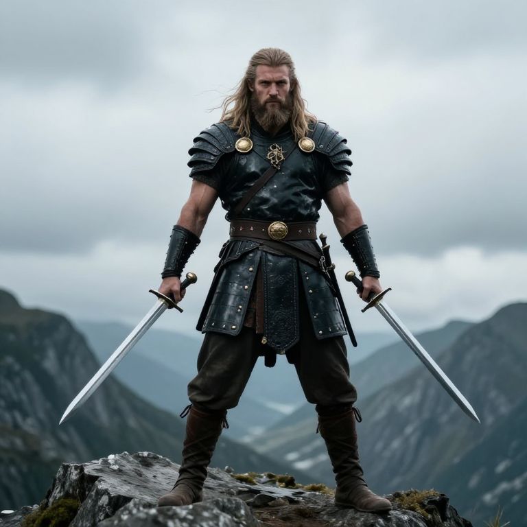 Warrior Man in Medieval Leather Armor Holding Two Swords on Mountain Peak