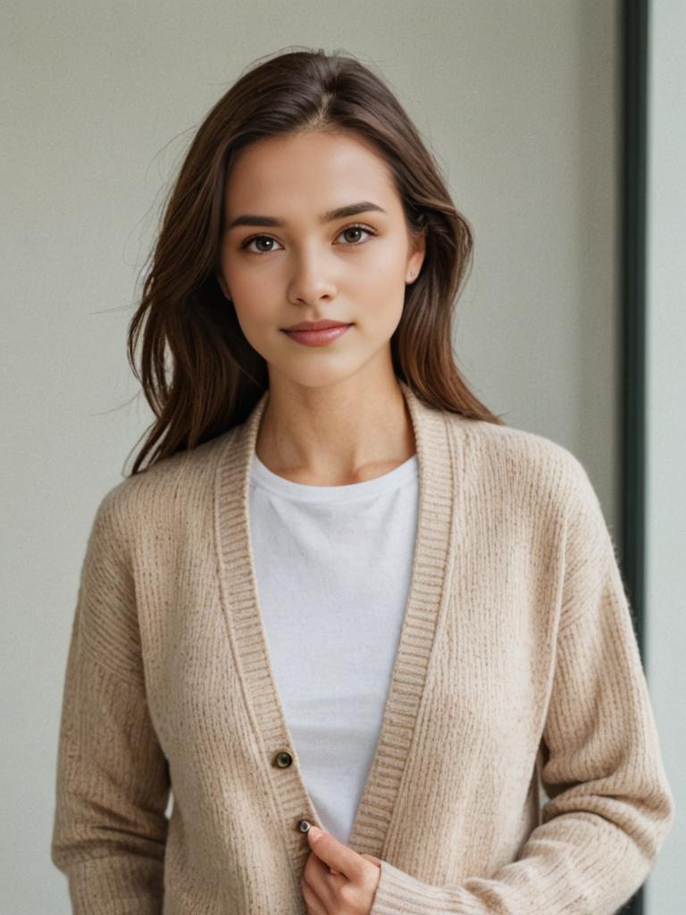 Casual Elegance: Woman in Beige Cardigan