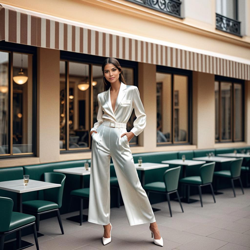 Stylish Woman in Satin Jumpsuit at Upscale Café