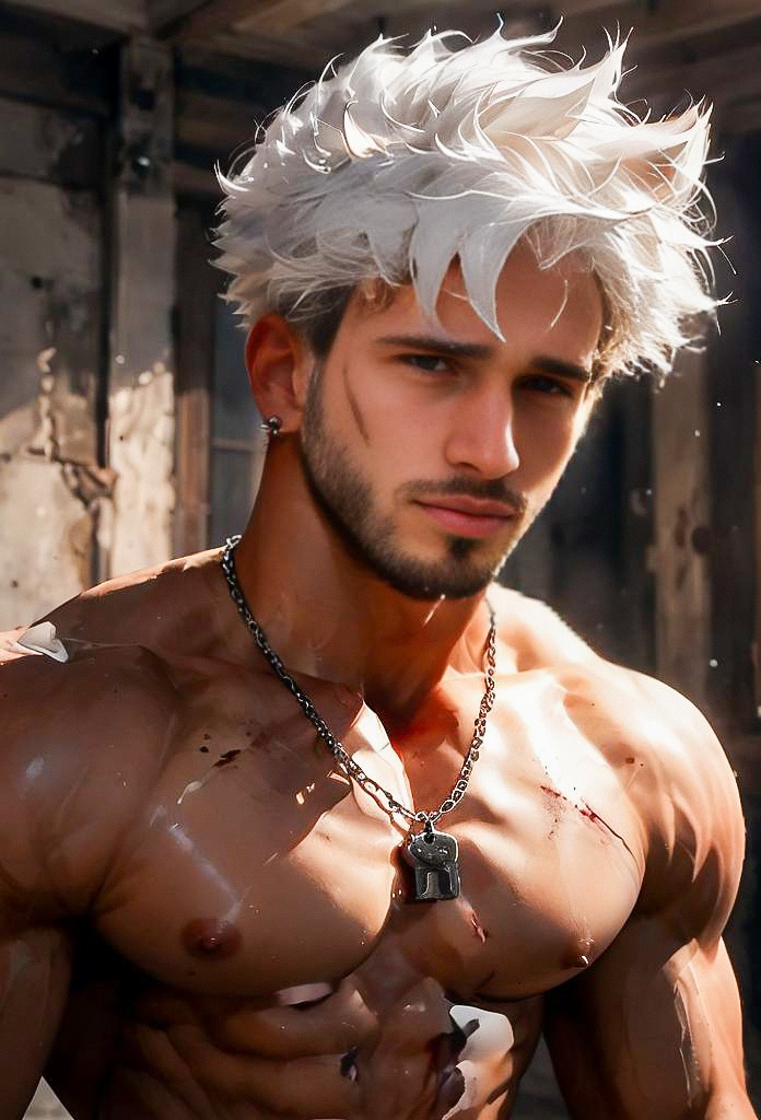 Muscular Man with White Hair in Confident Pose