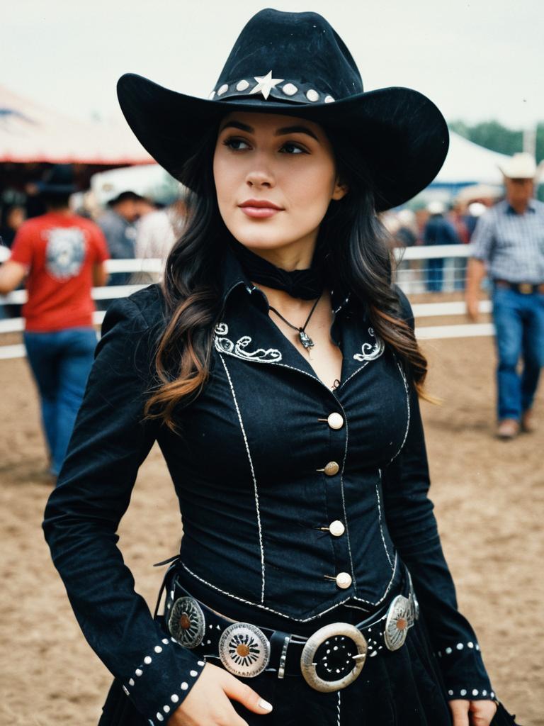 Woman in Black Cowgirl Costume at Rodeo Festival Candid Portrait