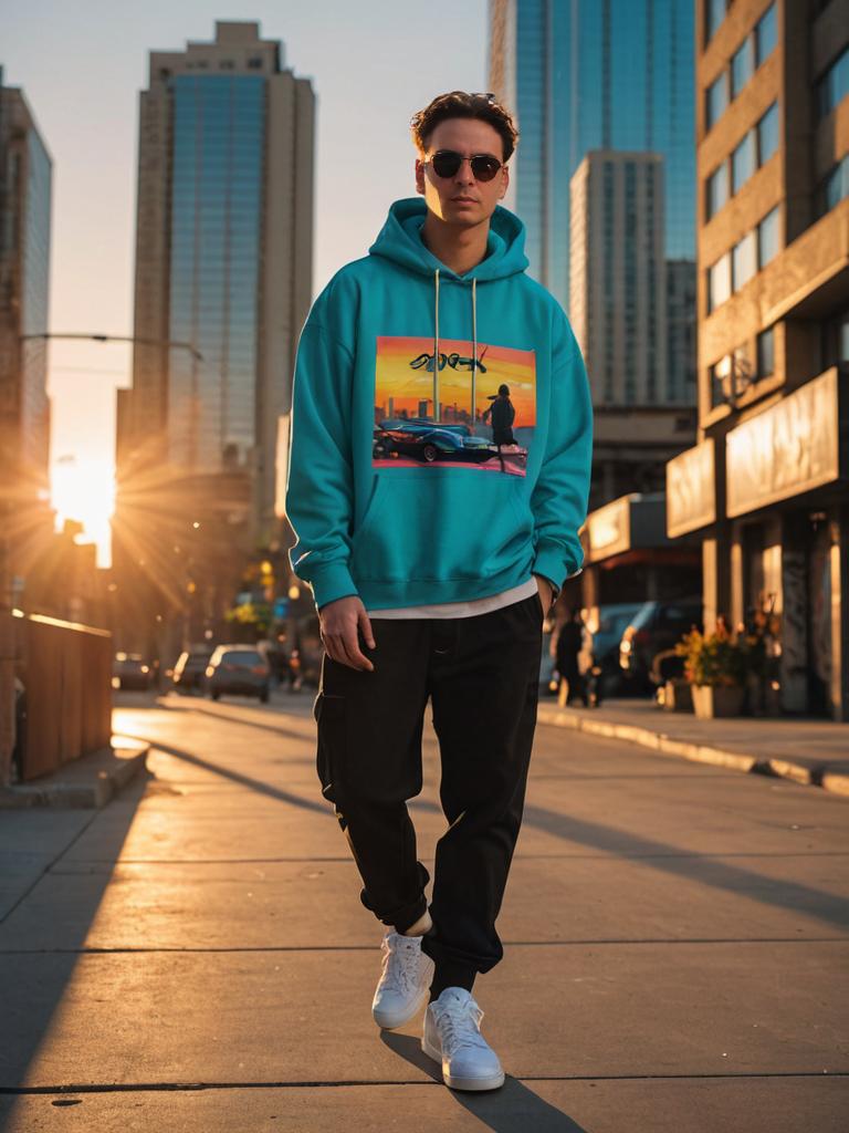 Man in Urban Setting, Vibrant Hoodie, Tarantino Style