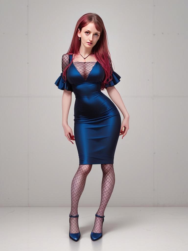 Modern Chic Woman in Navy Blue Bodycon Dress Full Body Shot