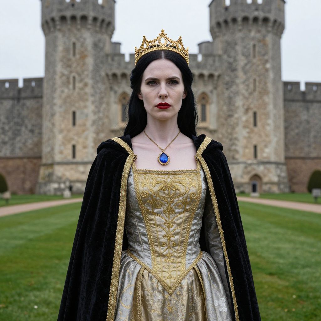 Regal Woman in Gold Gown and Crown Standing Before Medieval Castle