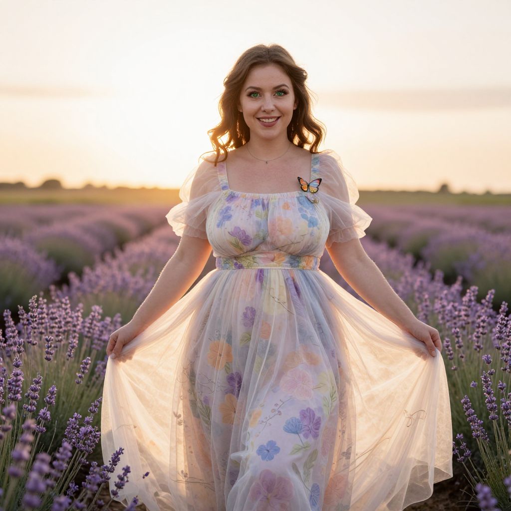 Woman in Pastel Floral Dress in Lavender Field at Sunset