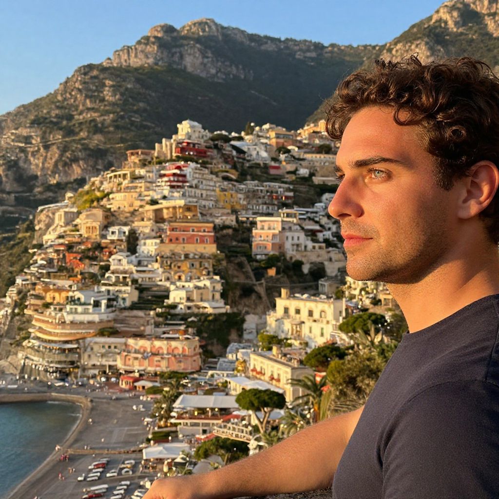 Young Man Enjoying Scenic View of Positano Amalfi Coast Italy