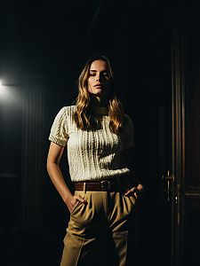 Woman Wearing Minimalist Cream Cable Knit Short Sleeve Top with Relaxed Fit Trousers