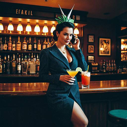 Stylish Woman in Pinstripe Suit with Cocktail and Phone in Elegant Bar