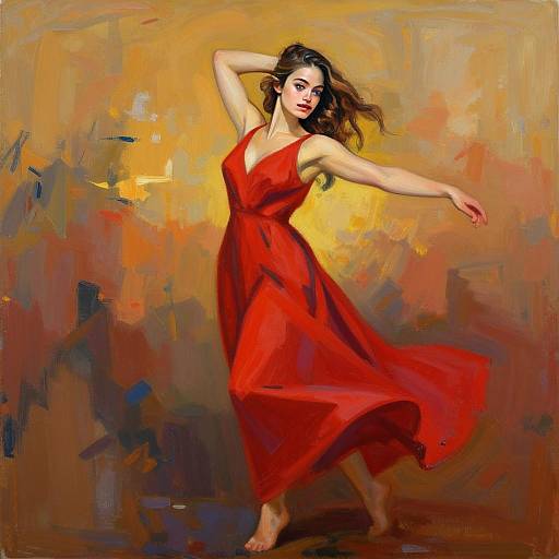 Woman Dancing in Red Dress Oil Painting with Abstract Background