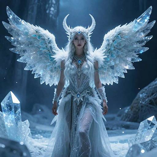 Fantasy Ice Queen with Crystal Wings in Enchanted Winter Forest