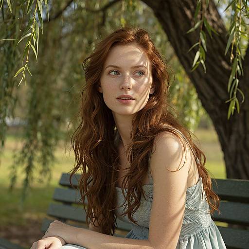 Young Redhead Woman Sitting on Park Bench Under Willow Tree