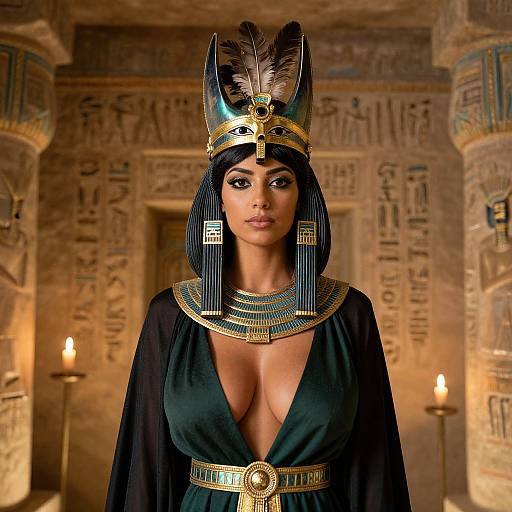 Ancient Egyptian Queen Costume Woman in Temple Interior