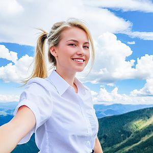 Smiling Woman Outdoors with Mountains and Blue Sky