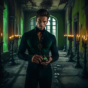 Mysterious Man Holding Glowing Compass in Gothic Abandoned Corridor