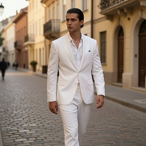 Stylish Man in White Suit Walking on Cobblestone Street