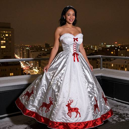 Woman in Festive Reindeer Ball Gown on Snowy Rooftop at Night