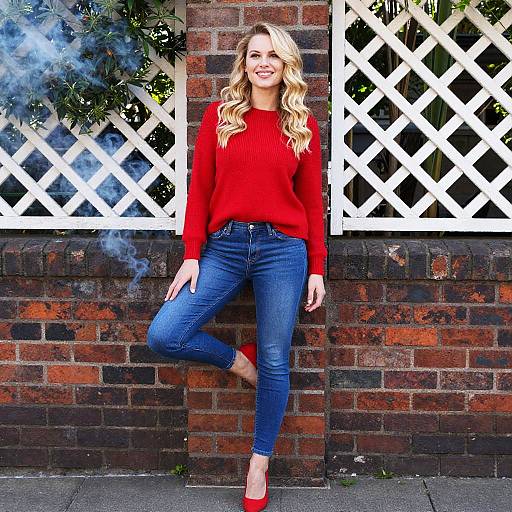 Stylish Young Woman in Red Sweater and Blue Jeans Against Brick Wall