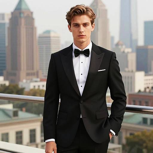 Young Man in Classic Black Tuxedo on Urban Rooftop