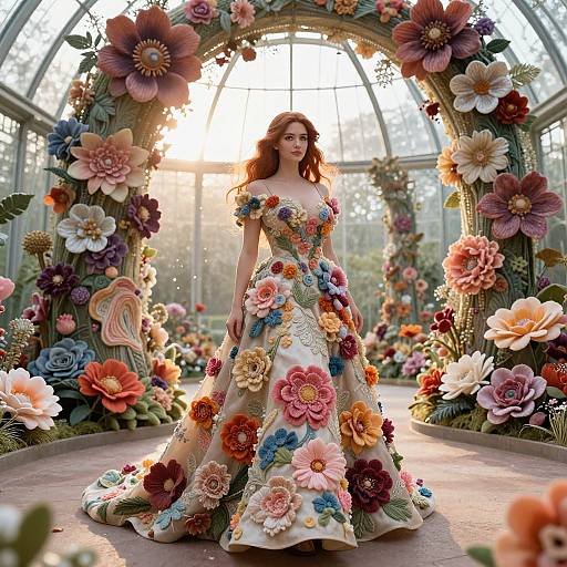 Woman in Floral Embroidered Dress in Sunlit Greenhouse with Oversized Flowers