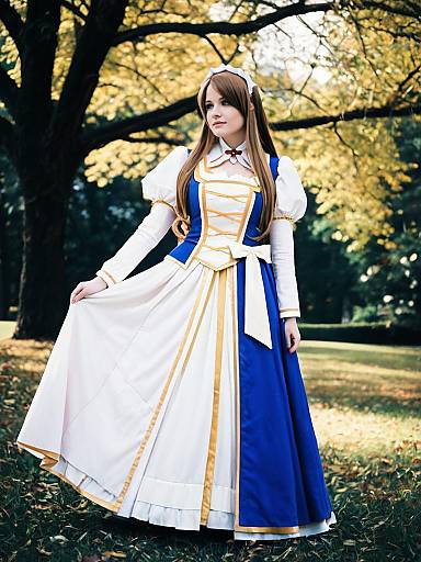 Elegant Nunnally Lamperouge Cosplay Woman in White and Blue Dress Outdoors