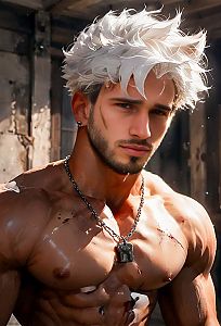 Muscular Man with White Hair in Confident Pose