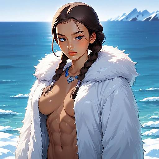 Athletic Woman in White Fur Coat by Icy Sea - Anime Style Illustration