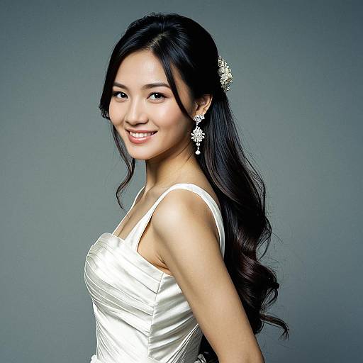 Elegant Woman in Silk Wedding Dress with Long Hair and Bridal Earrings