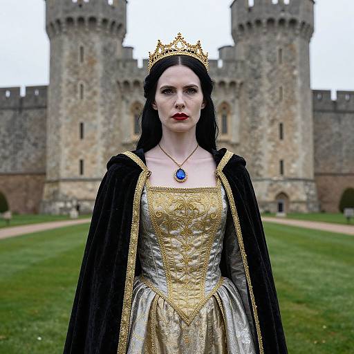 Regal Woman in Gold Gown and Crown Standing Before Medieval Castle
