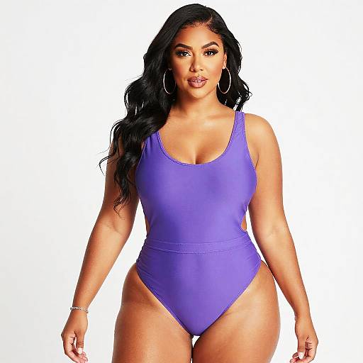 Confident Woman in Purple One-Piece Swimsuit Studio Portrait