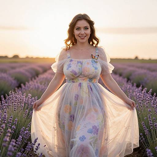 Woman in Pastel Floral Dress in Lavender Field at Sunset