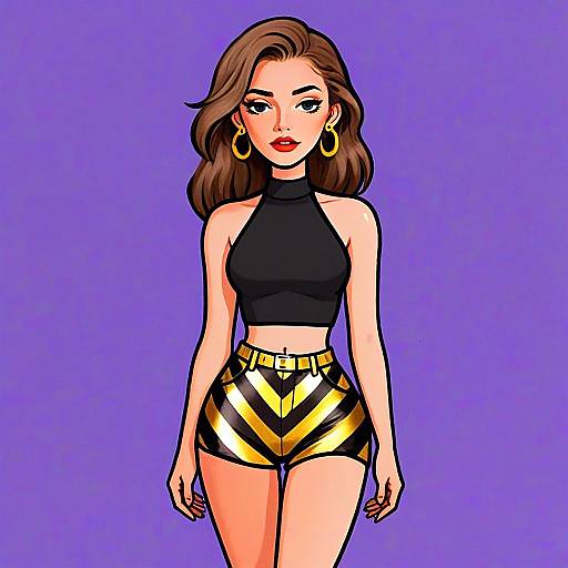 Stylish Woman in Black Halter Crop Top and Gold Striped Shorts Illustration