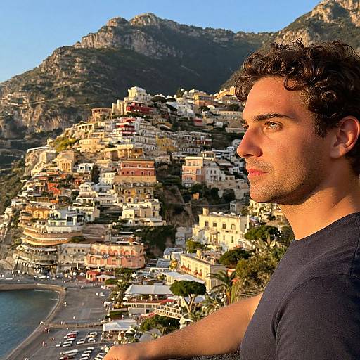 Young Man Enjoying Scenic View of Positano Amalfi Coast Italy