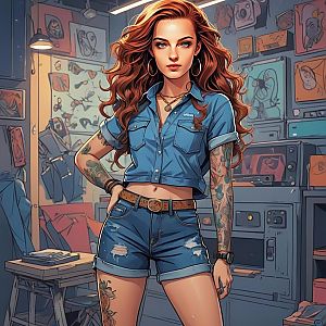 Confident Young Woman in Denim Crop Top and Ripped Shorts