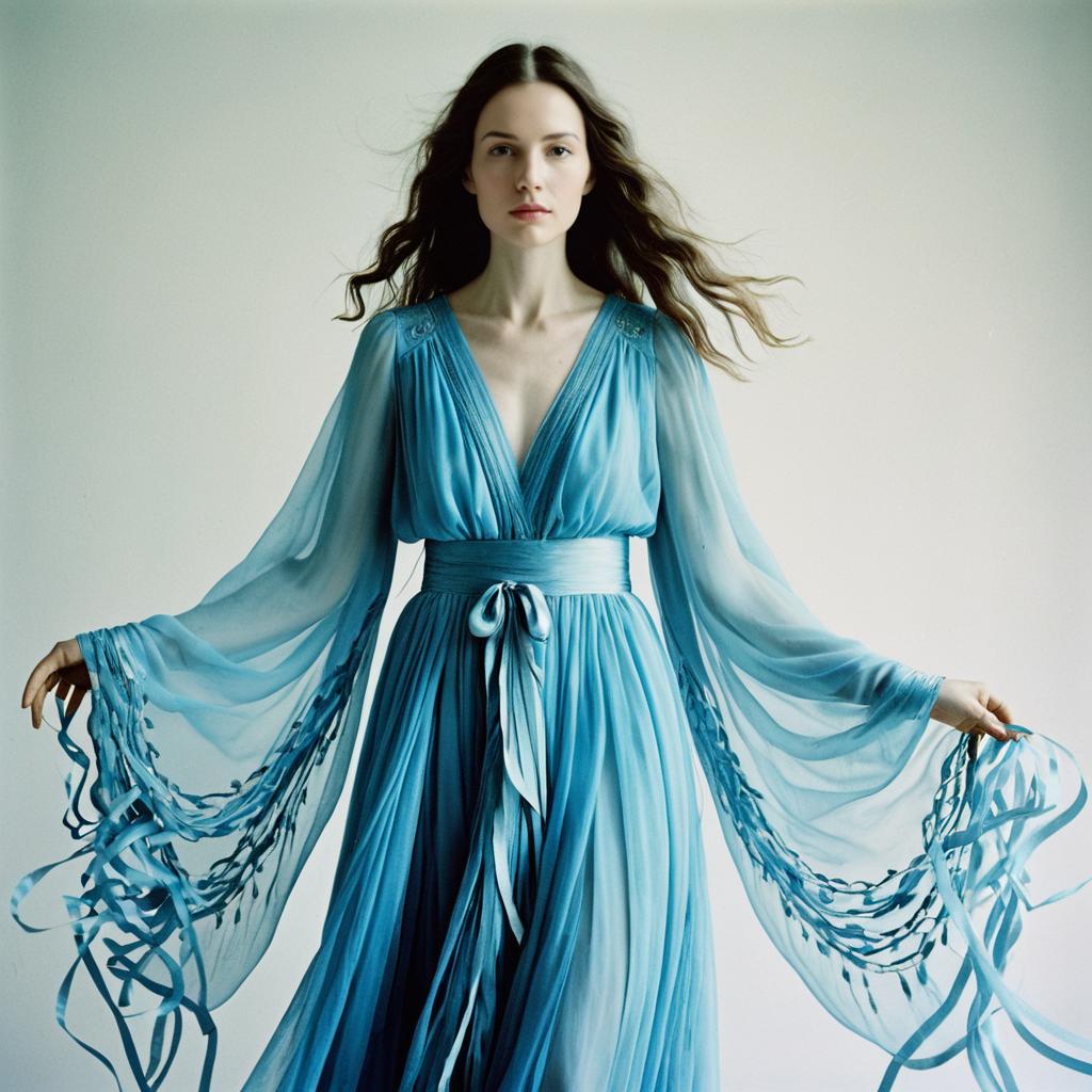 Ethereal Woman in Flowing Blue Gown with Ribbon Sleeves