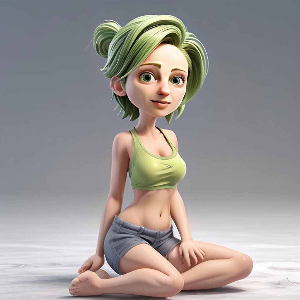 3D Cartoon Woman with Green Hair Sitting Cross-Legged 3D Cartoon Woman with Green Hair Sitting Cross-Legged