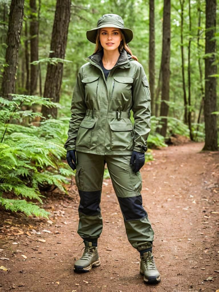 Confident Woman in Stylish Outdoor Gear in Lush Forest