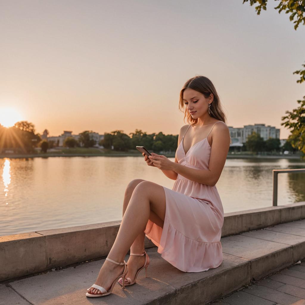 Serene Woman by Waterfront at Sunset