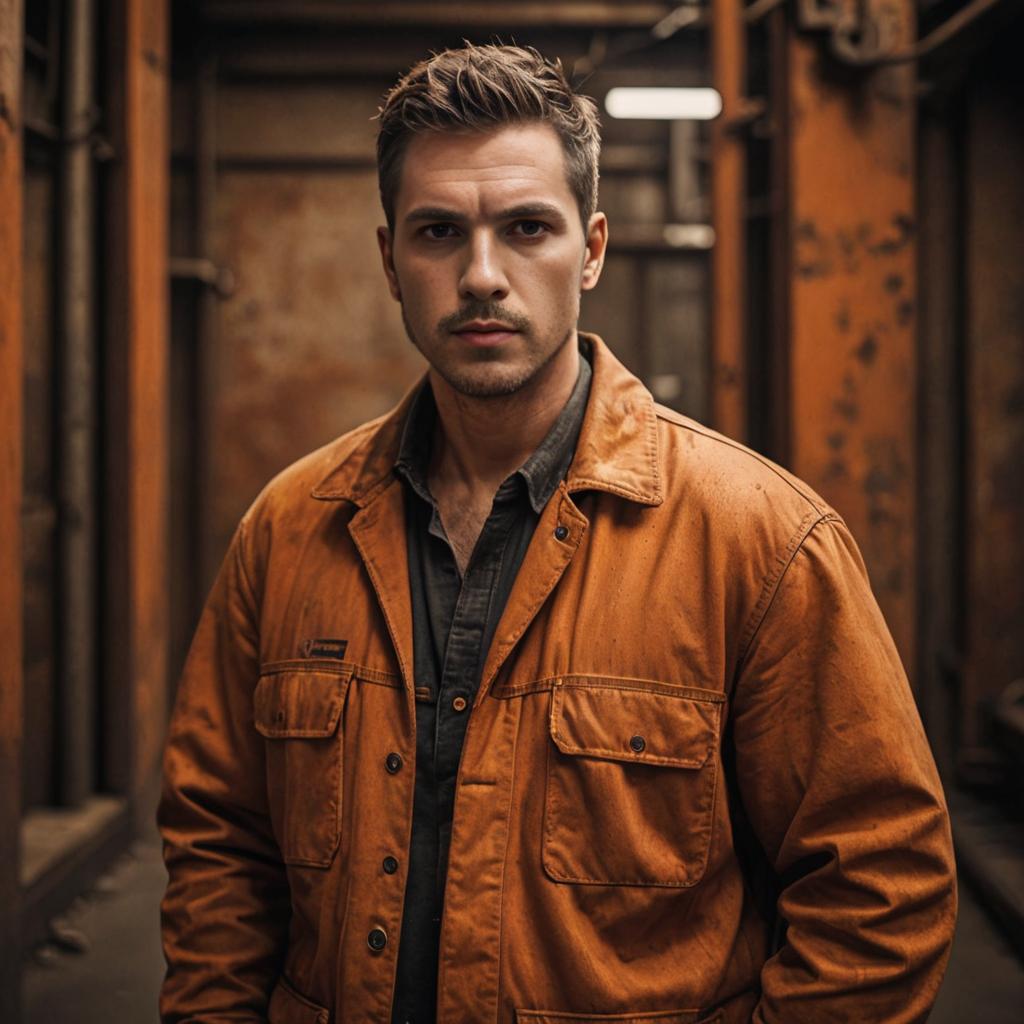 Confident Man in Orange Jacket in Industrial Setting